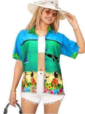 LA LEELA Button Down Shirt Casual Summer Beach Blouse Shirt Luau Party
